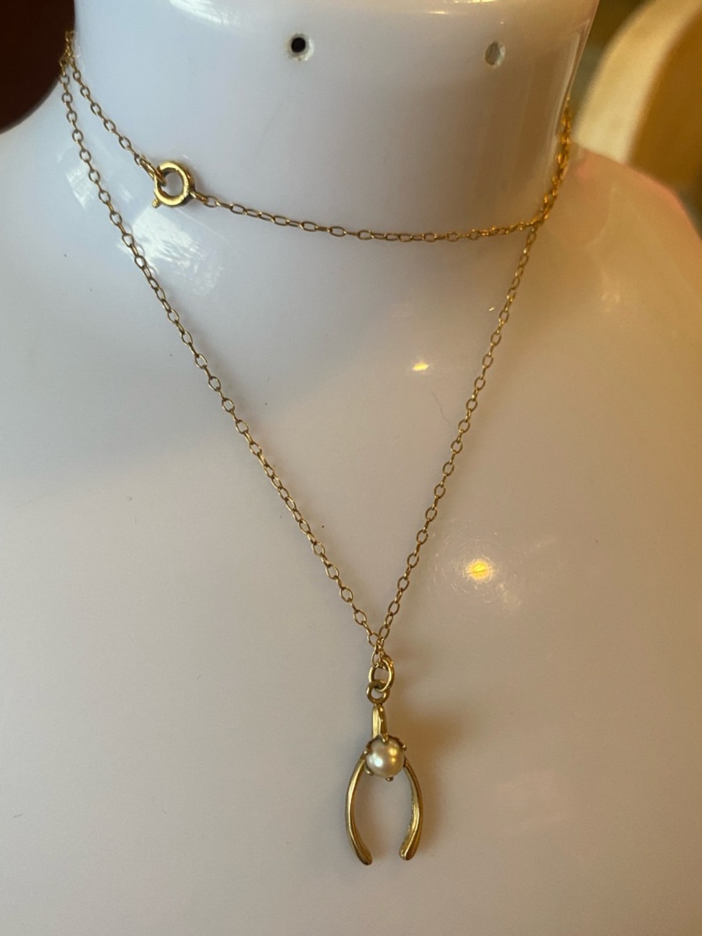 Vintage Gold filled Pearl Wishbone Pendant Necklace